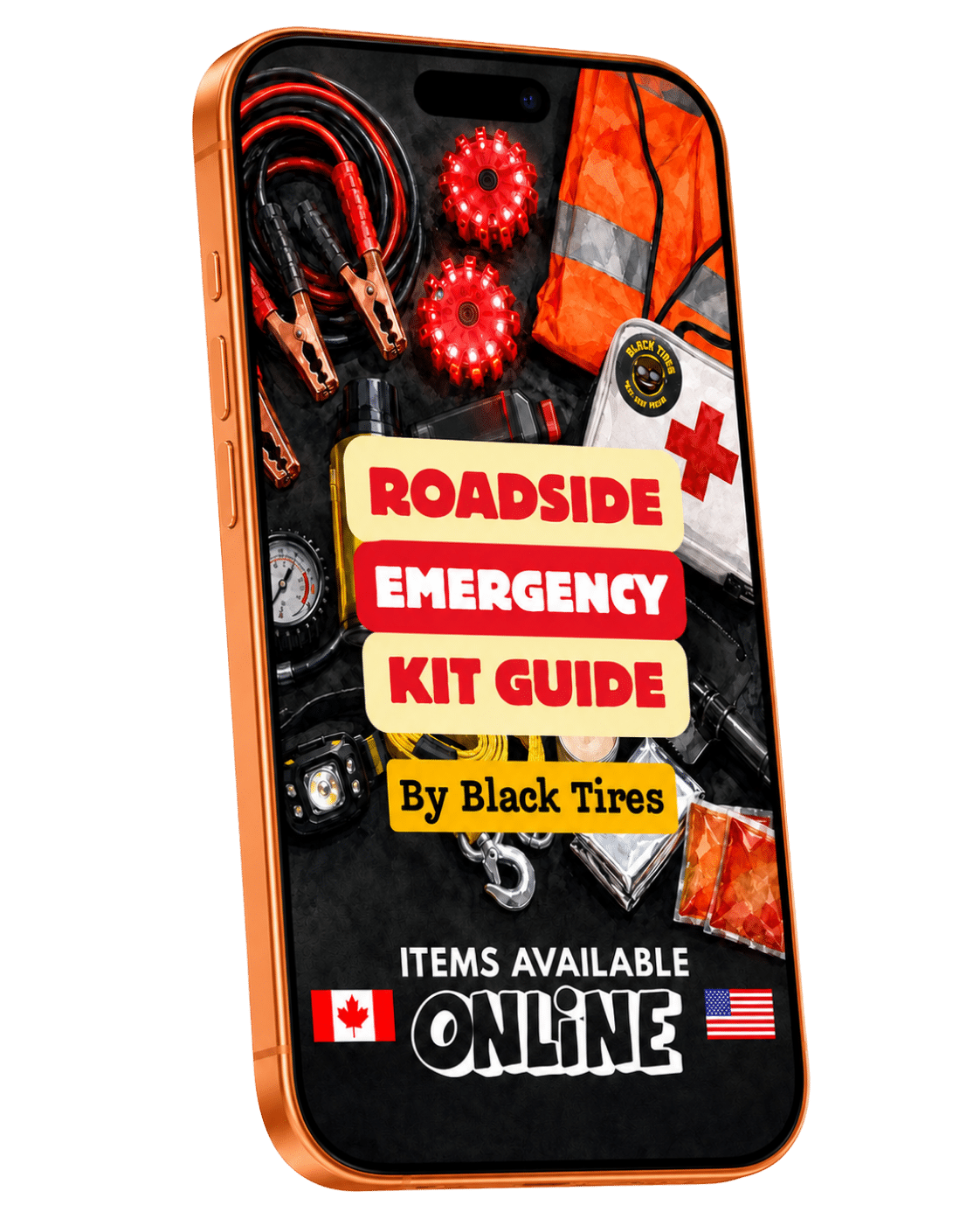 Roadside Emergency Kit Guide by Black Tires — 3D book mockup