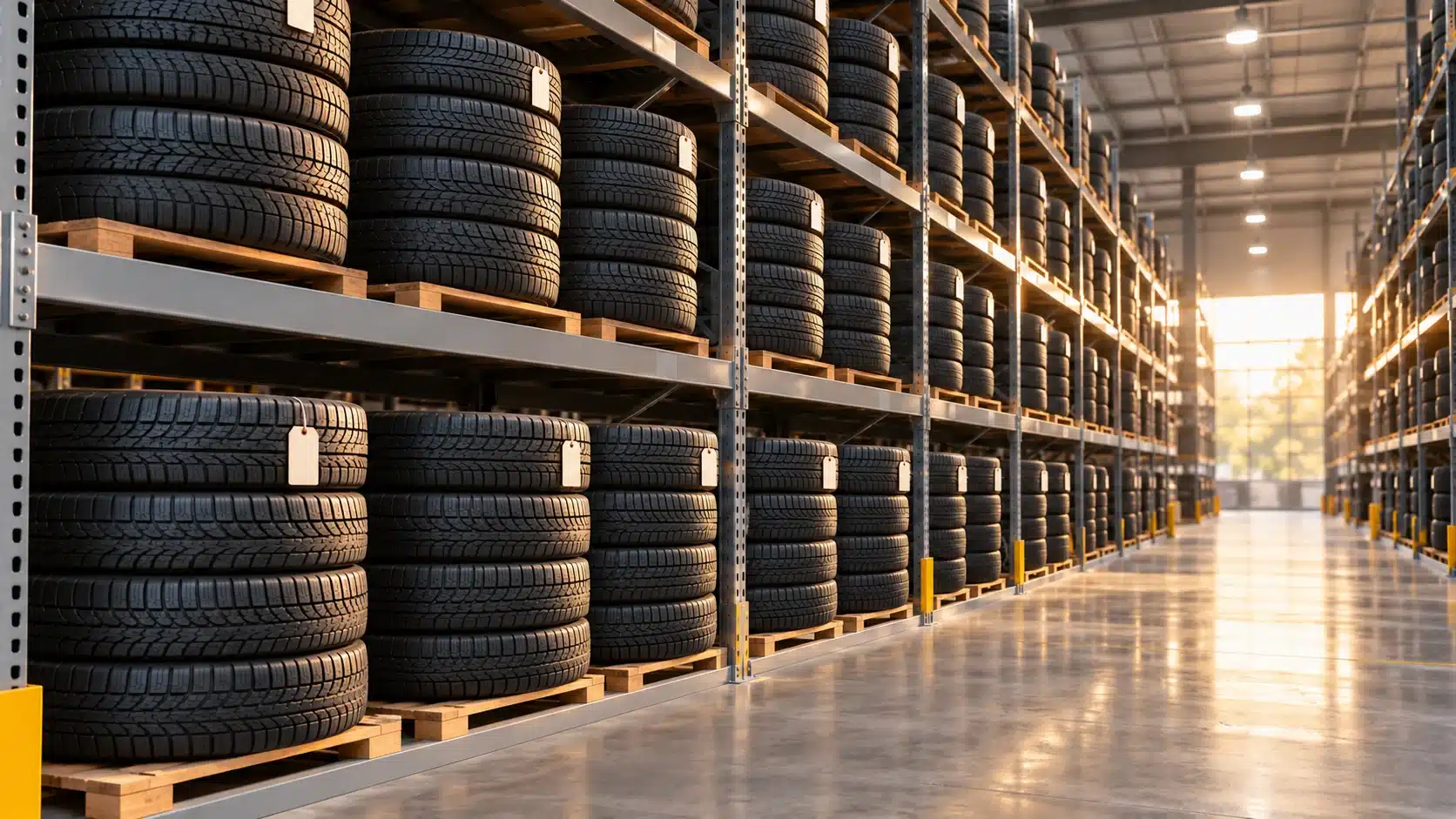 Commercial tire storage warehouse with sets of four tires stacked on metal shelves
