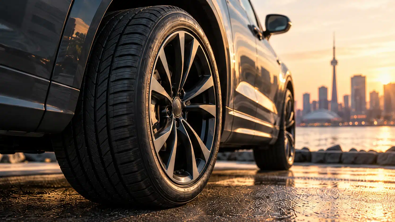 Close-up of a tire and alloy wheel on an SUV by the Toronto waterfront